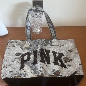 Victoria’s Secret sequin beach bag reversible, silver, and gold